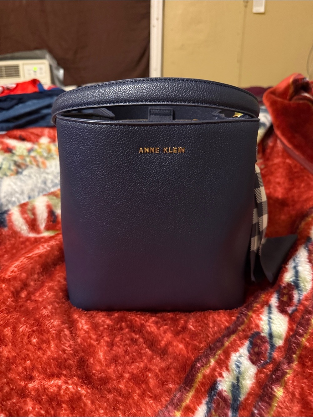 Anne Klein Navy Pebbled Leather Bucket Crossbody